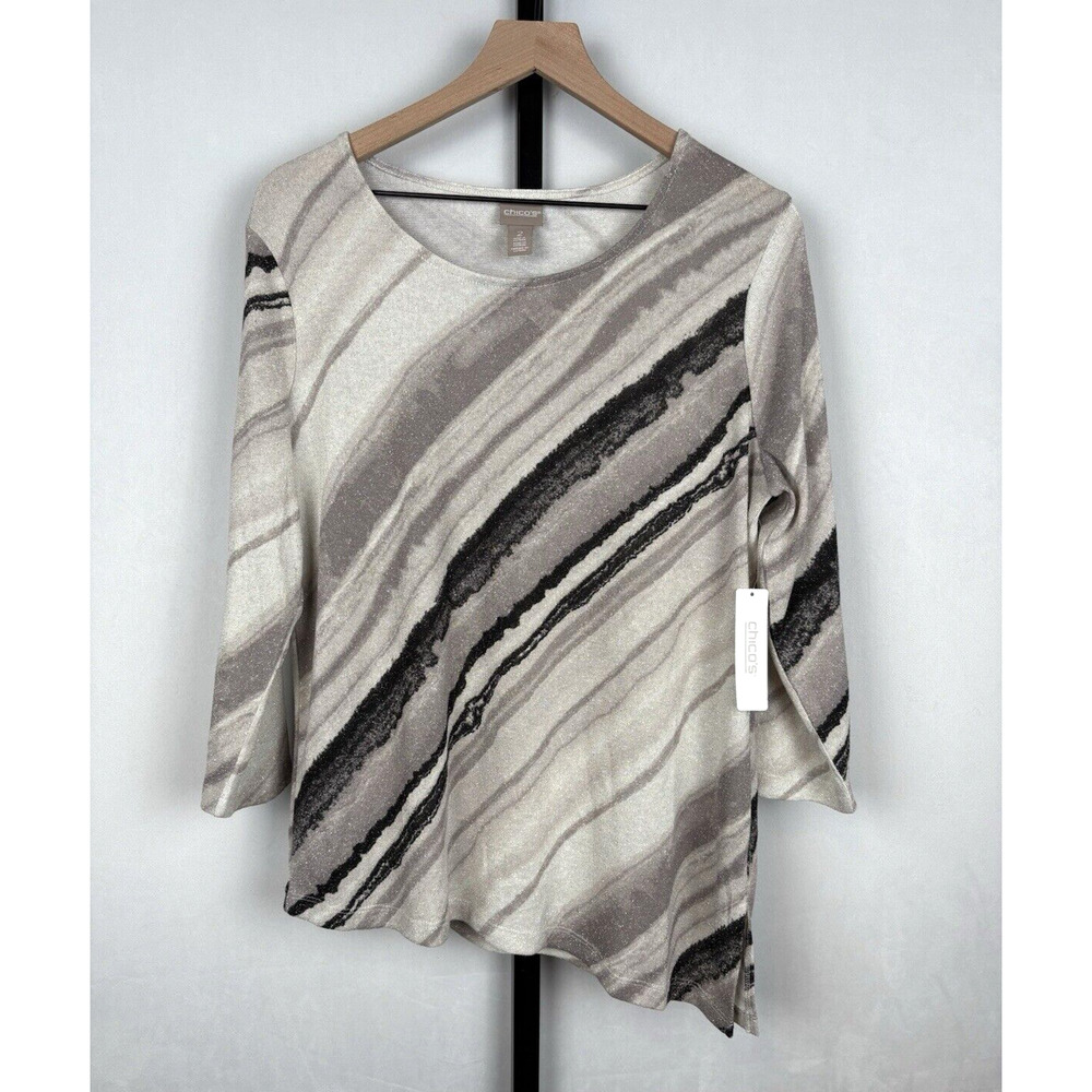 Chico's Sparkle Watercolor Stripe Asymmetrical 3/4-Sleeve Sweater 2 (L/12) NWT